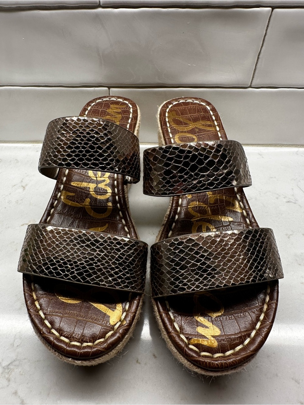 Sam Edelman Brown Snake-Effect Double Strap Slide Sandals